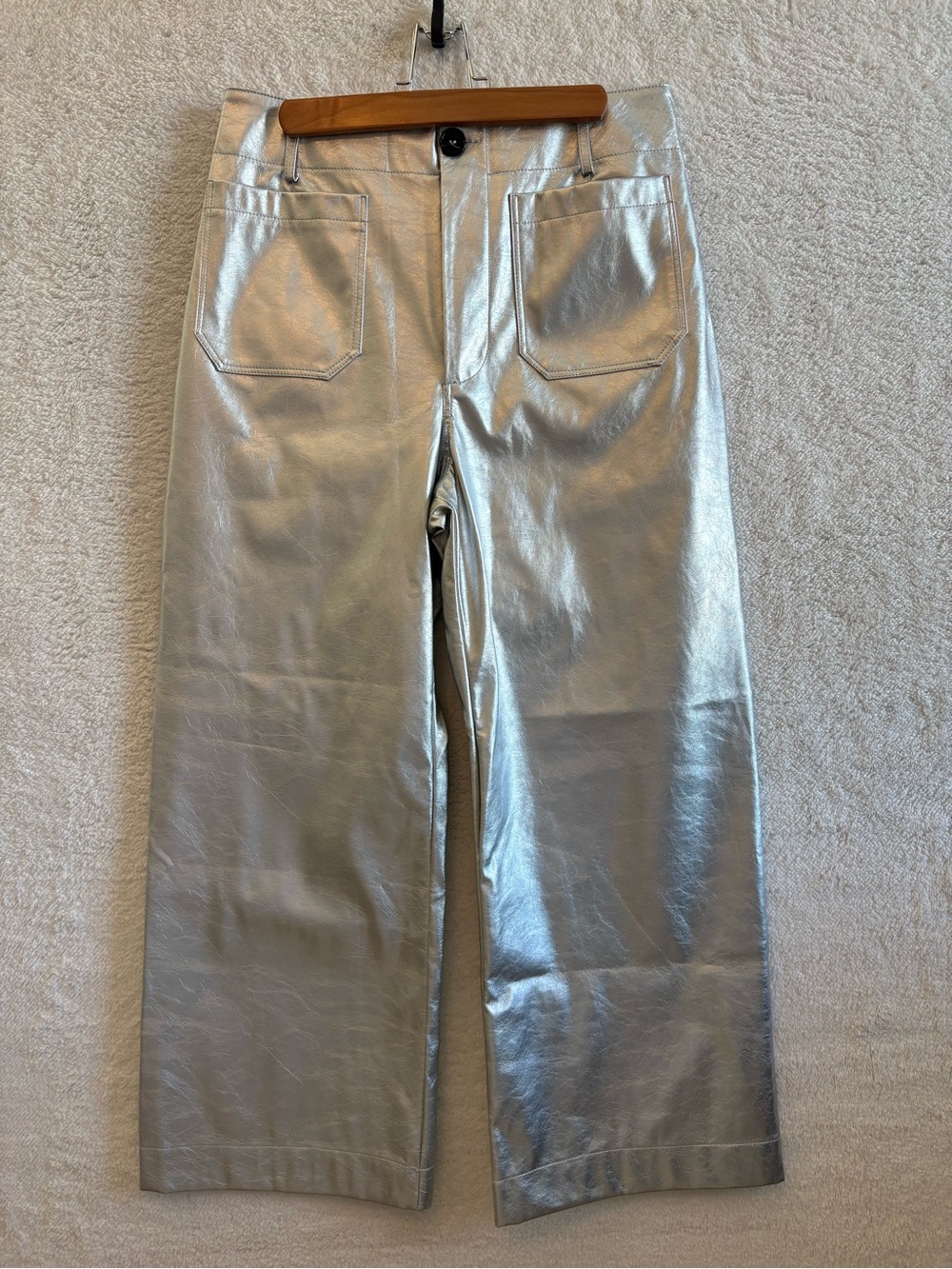 Maeve The Colette Cropped Wide Leg Silver Metallic Faux Leather Pants Size 30 - Picture 1 of 11